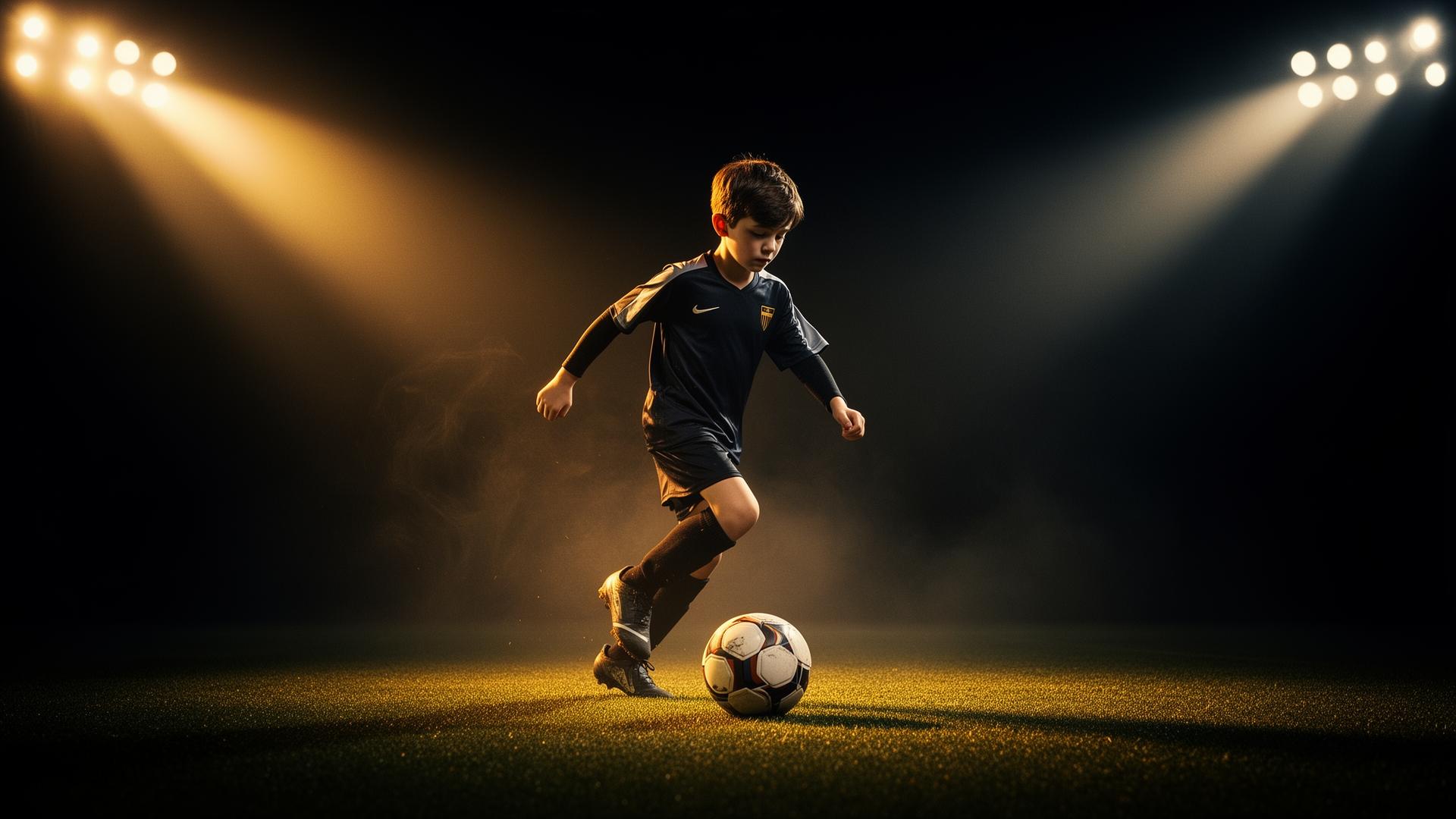 Young footballer dribbling under stadium floodlights at KG Sports Coaching